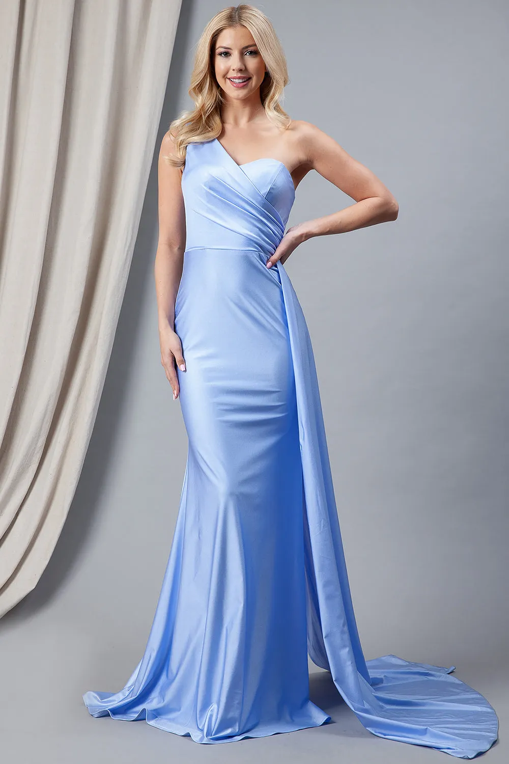 One Shoulder Fit & Flare Lycra Eleganr Side Cape Long Prom Dress AC387