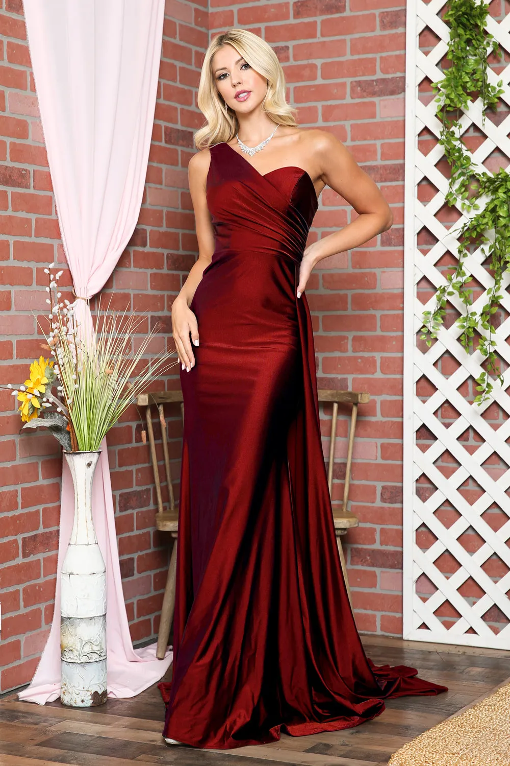 One Shoulder Fit & Flare Lycra Eleganr Side Cape Long Prom Dress AC387