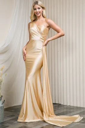 One Shoulder Fit & Flare Lycra Eleganr Side Cape Long Prom Dress AC387