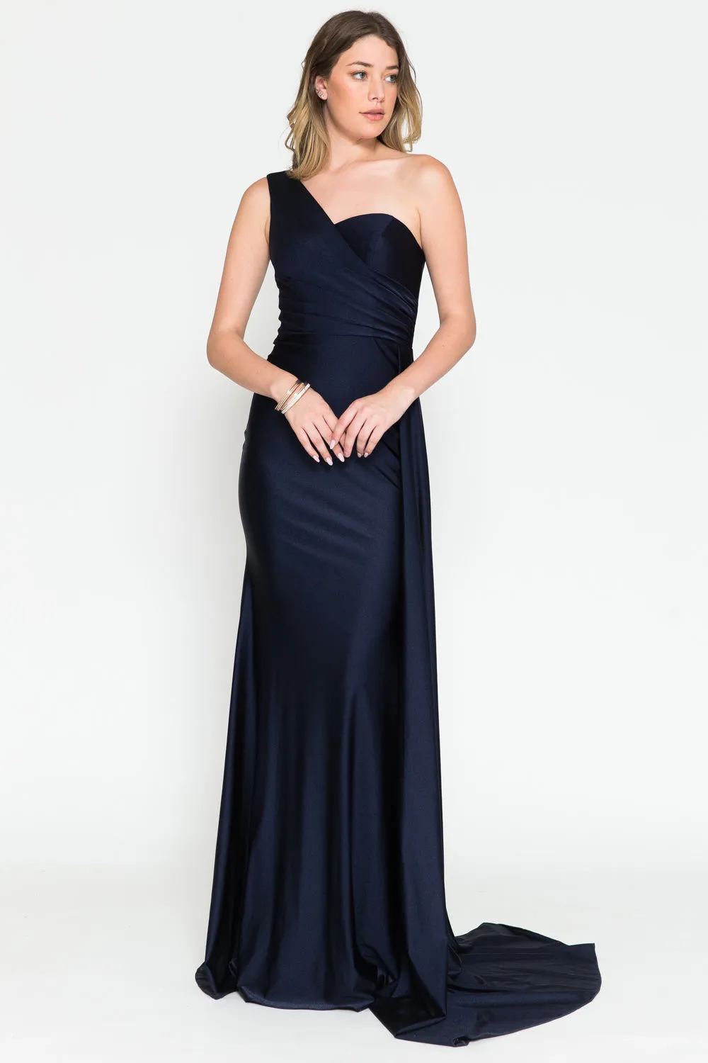 One Shoulder Fit & Flare Lycra Eleganr Side Cape Long Prom Dress AC387