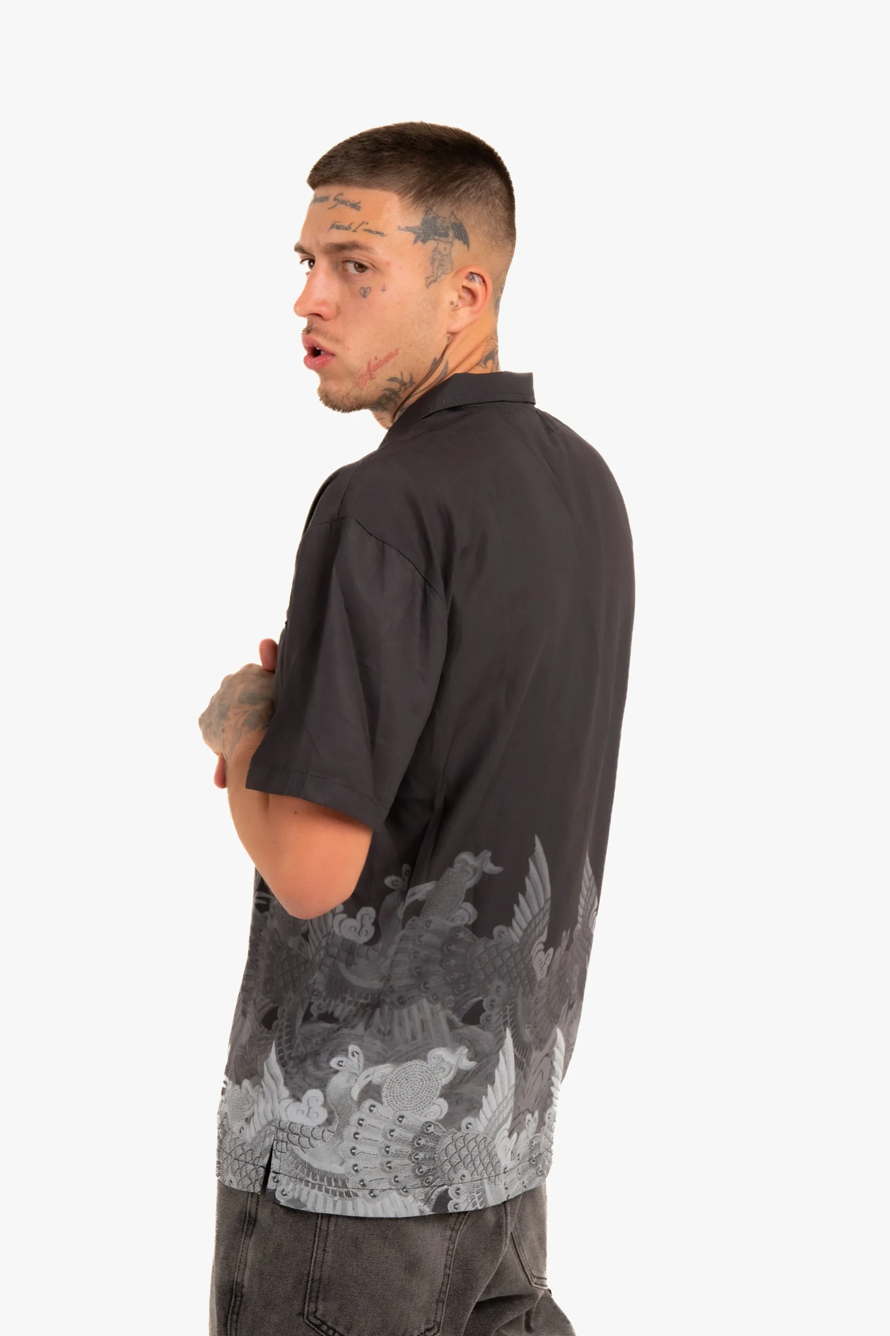 Oversized Boxy Shirt with Ombre Japanese Bird Print