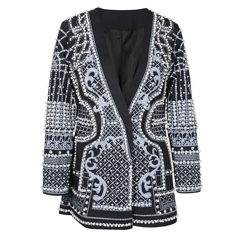 Pearl Embellished Vintage Blazer Coat - Retro Elegance