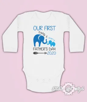 Personalised Elephant Our First Fathers Day Baby Kids Body Suit Long Sleeve Vest Boy