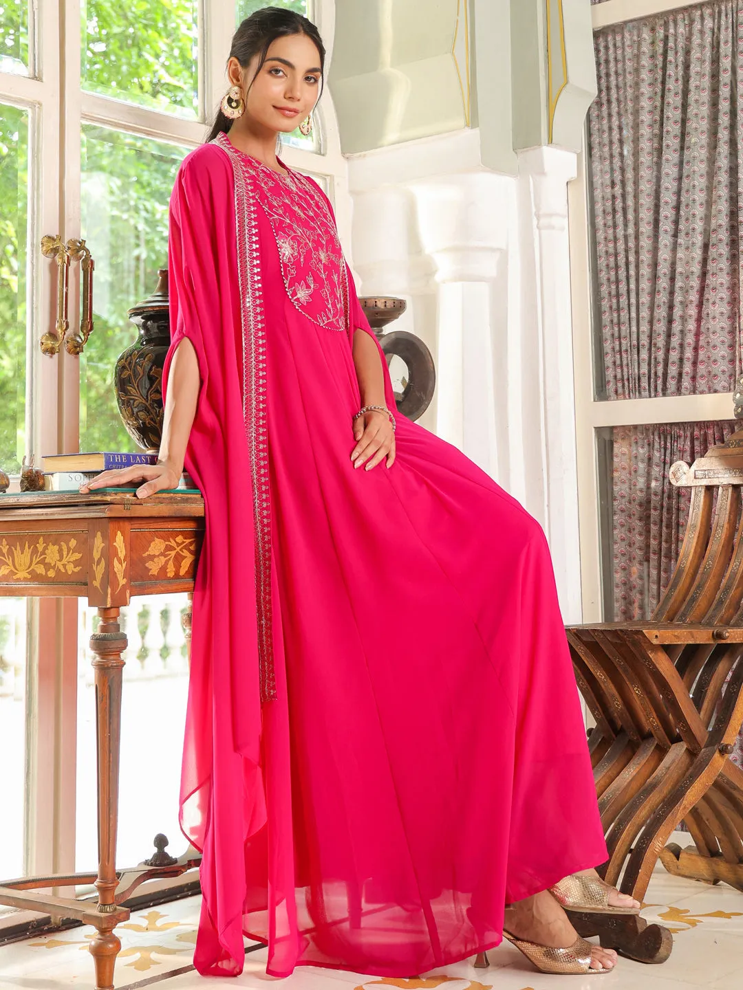 Pink Georgette Embroidered Anarkali Dress With Cape