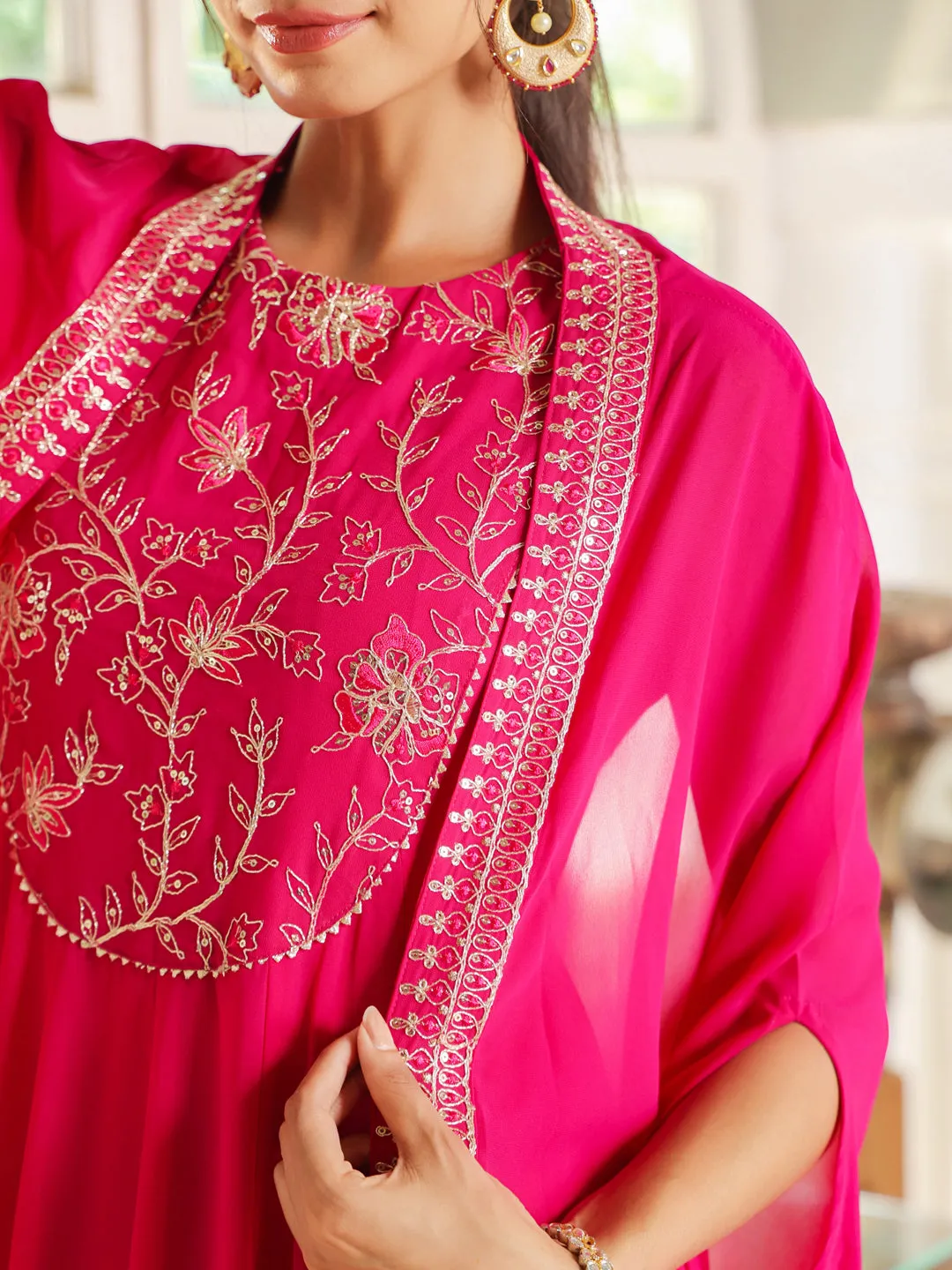 Pink Georgette Embroidered Anarkali Dress With Cape