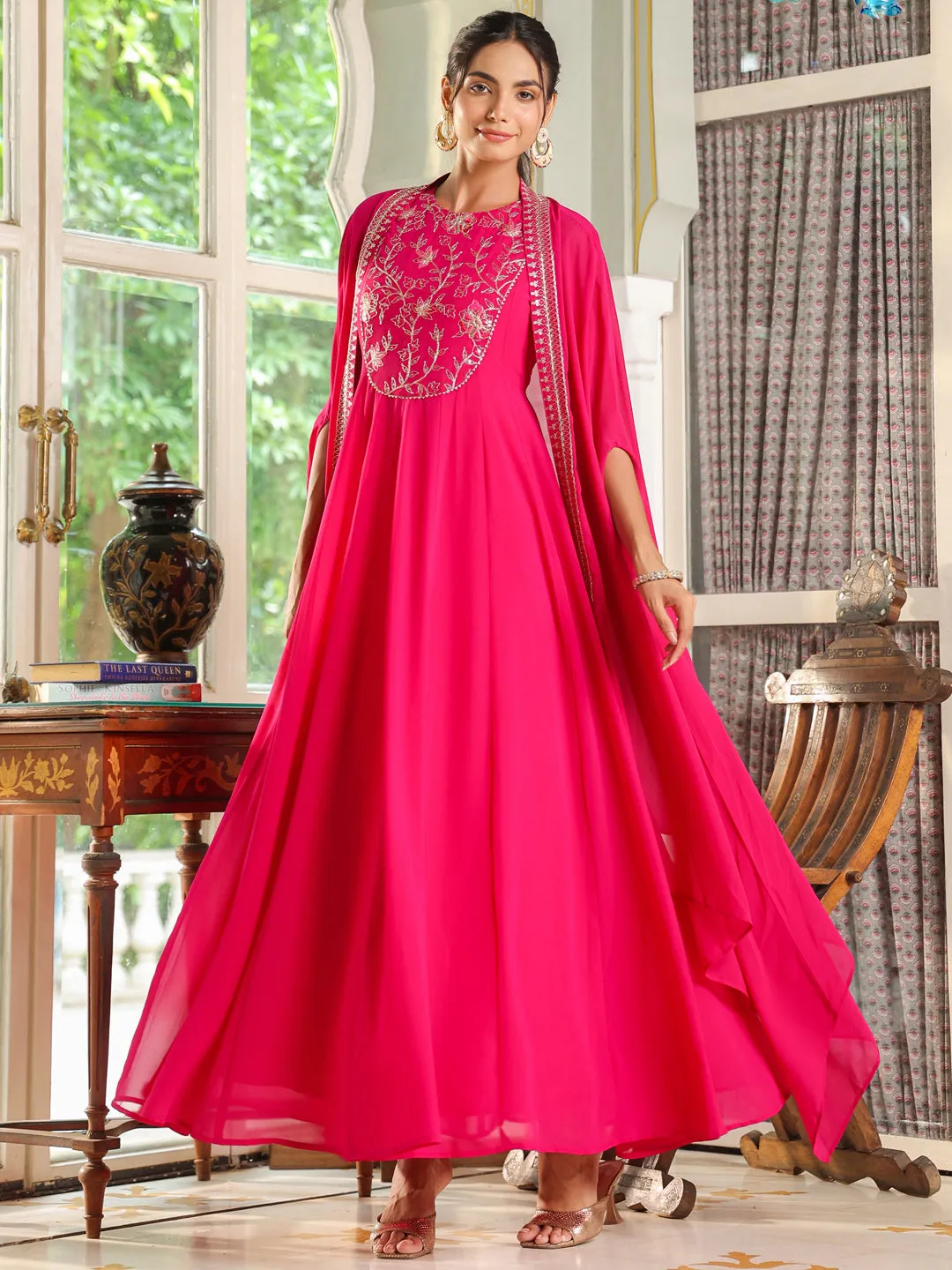 Pink Georgette Embroidered Anarkali Dress With Cape