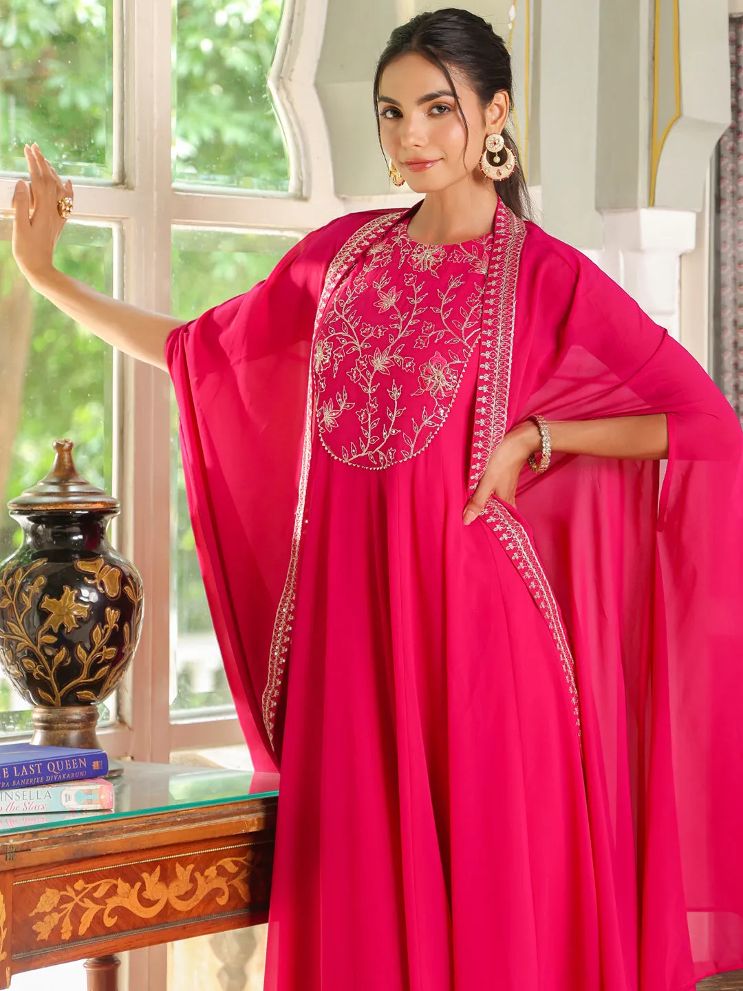 Pink Georgette Embroidered Anarkali Dress With Cape