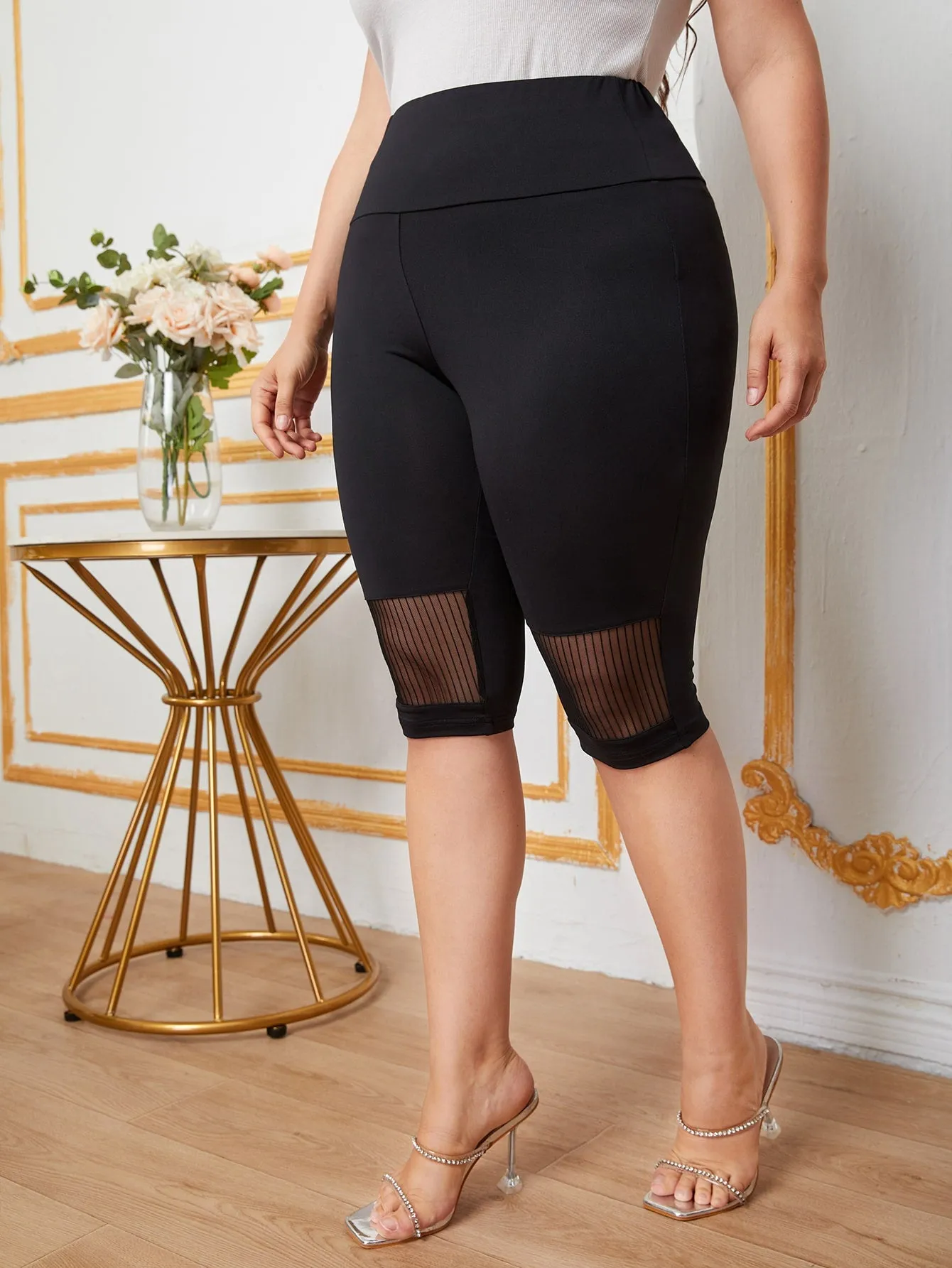 Plain Contrast Mesh Plus Size Leggings