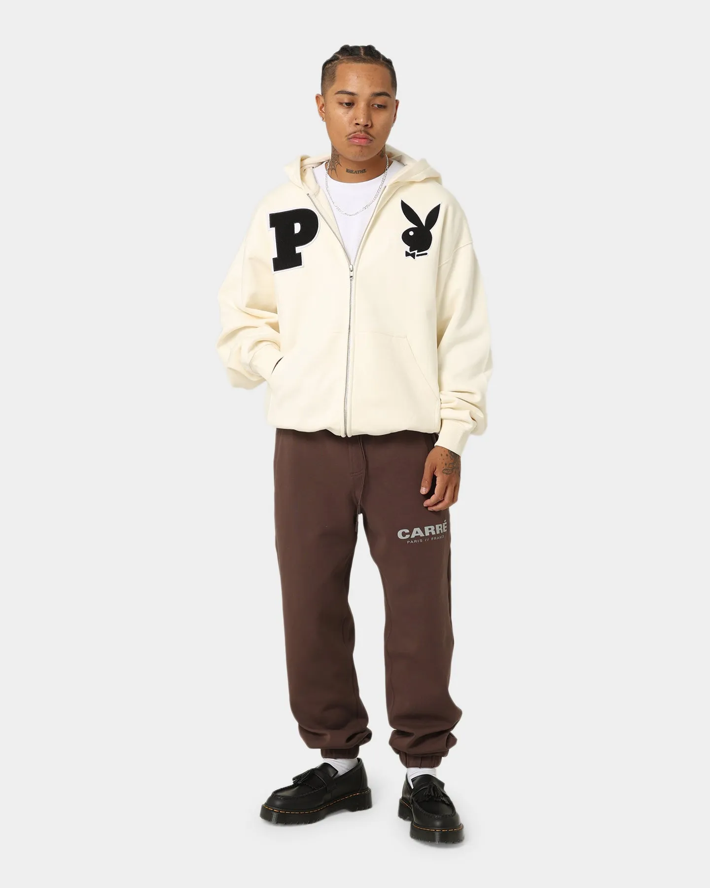 Playboy By CK Full Zip Varsity Hoodie Off White