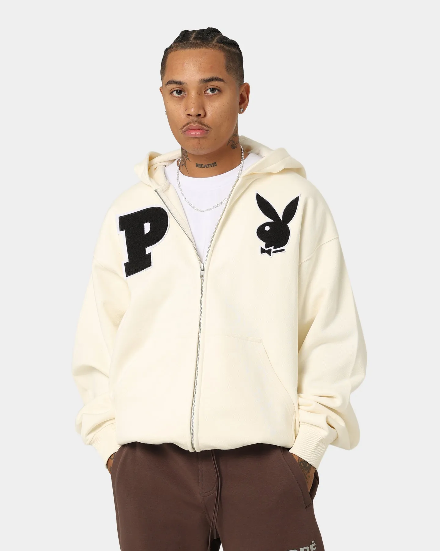 Playboy By CK Full Zip Varsity Hoodie Off White