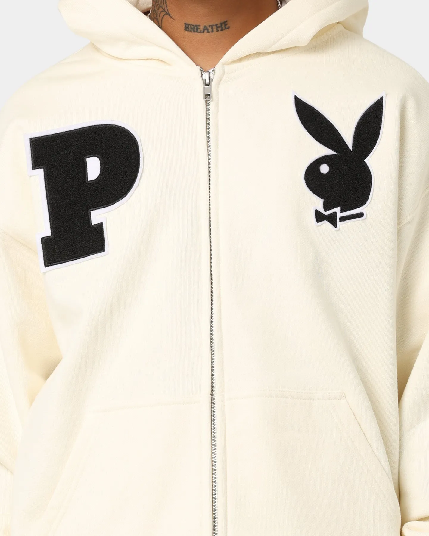 Playboy By CK Full Zip Varsity Hoodie Off White