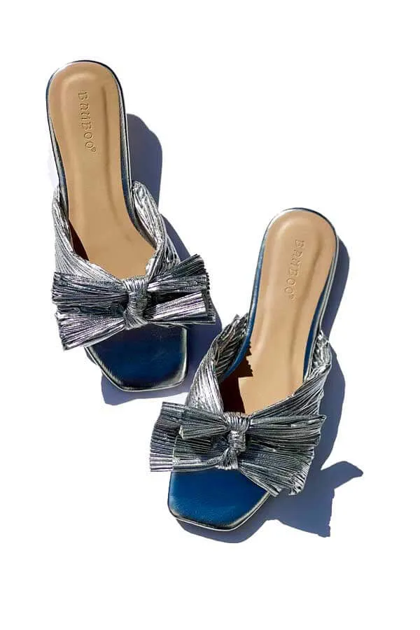 Pleated Metallic Bow Flat Sandal