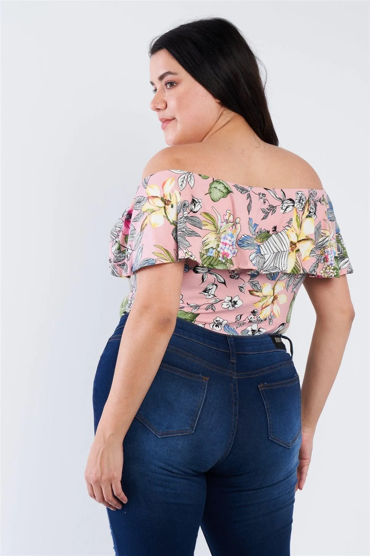 Plus Size Pink Tropical Print Off The Shoulder Snap Bottom Bodysuit  /2-2-2