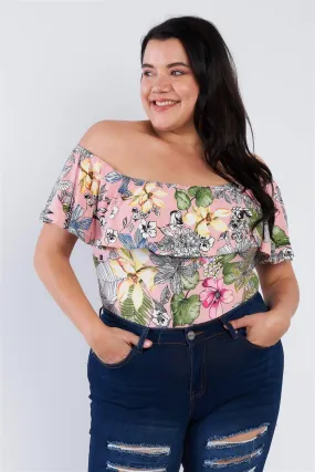 Plus Size Pink Tropical Print Off The Shoulder Snap Bottom Bodysuit  /2-2-2