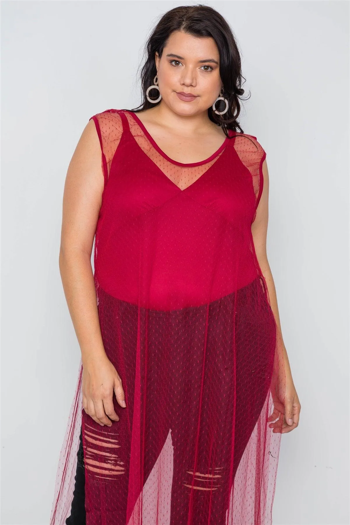 Plus Size Red Dotted Mesh Cover Up With Bodysuit Set /2-2-2