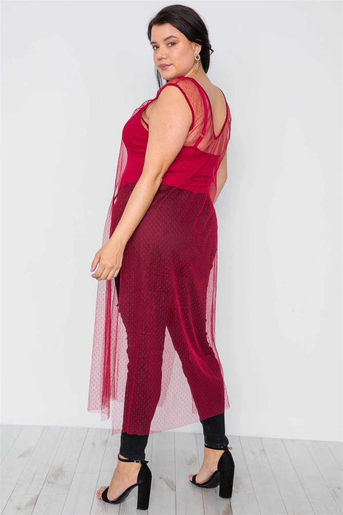 Plus Size Red Dotted Mesh Cover Up With Bodysuit Set /2-2-2