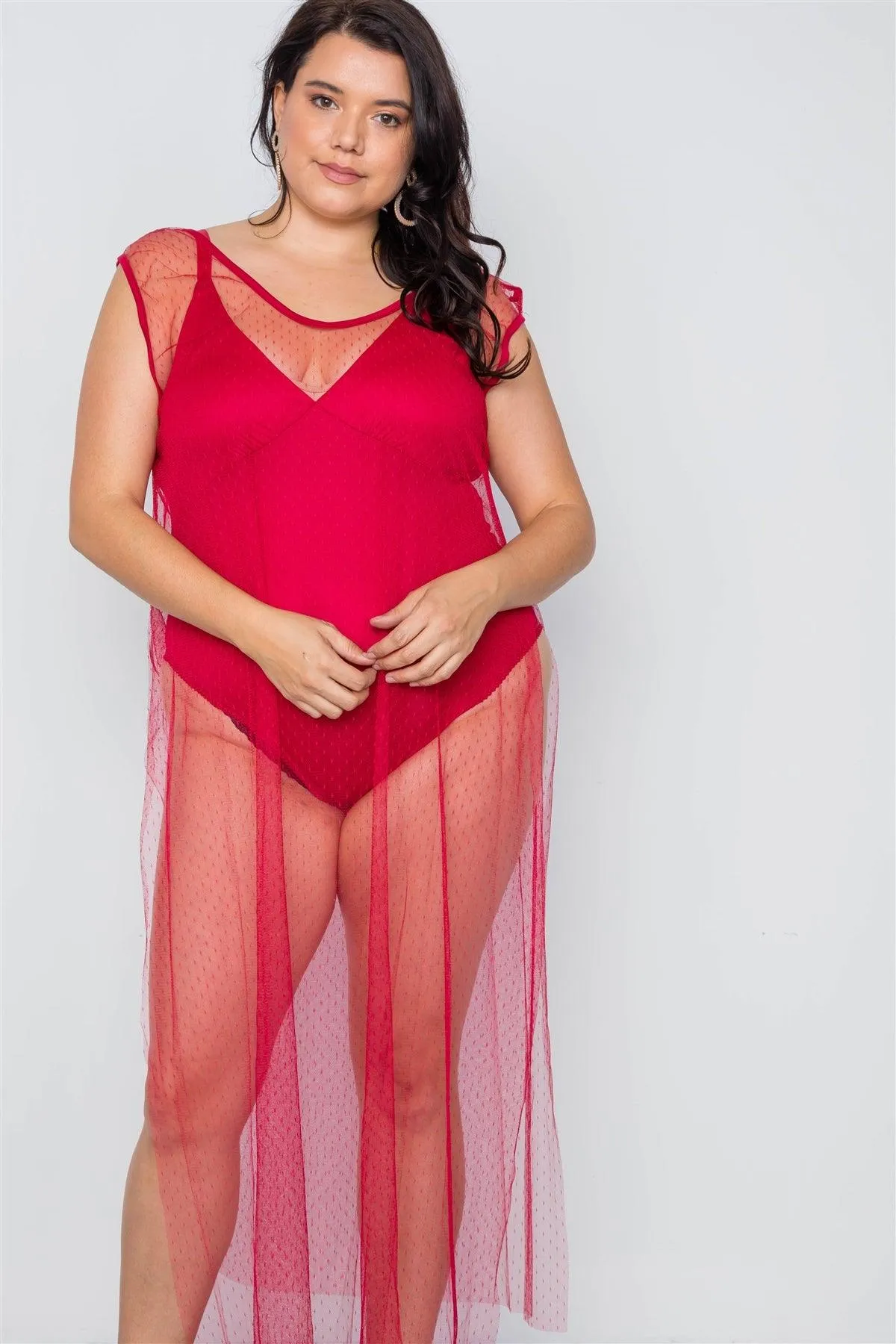 Plus Size Red Dotted Mesh Cover Up With Bodysuit Set /2-2-2