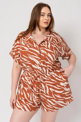 Plus Size Roll-up Sleeve Button Down Abstract Print Romper