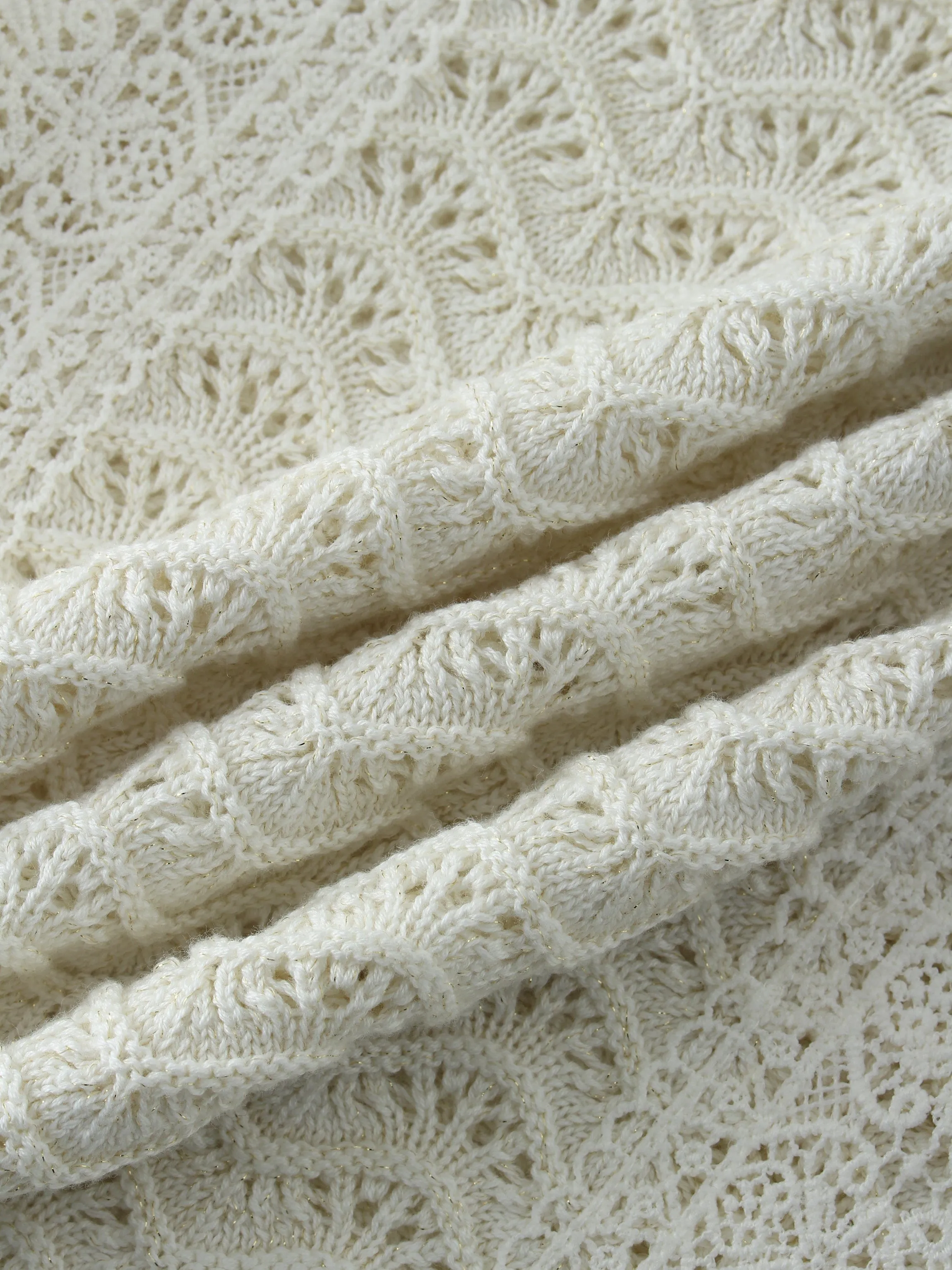 Pointelle Lace Trim Sweater-Cream/Gold