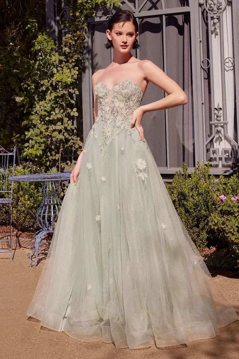 SAGE GREEN STRAPLESS BALL GOWN CDA1418