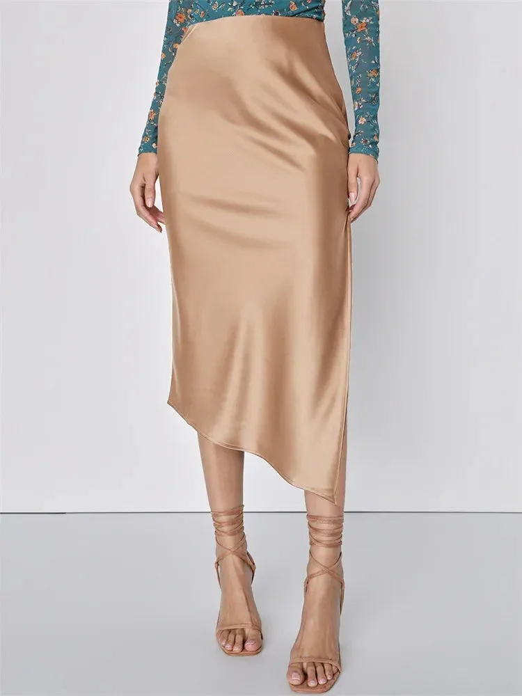 Satin High-Waist Slim Side-Split Patchwork Skirt Bottomt