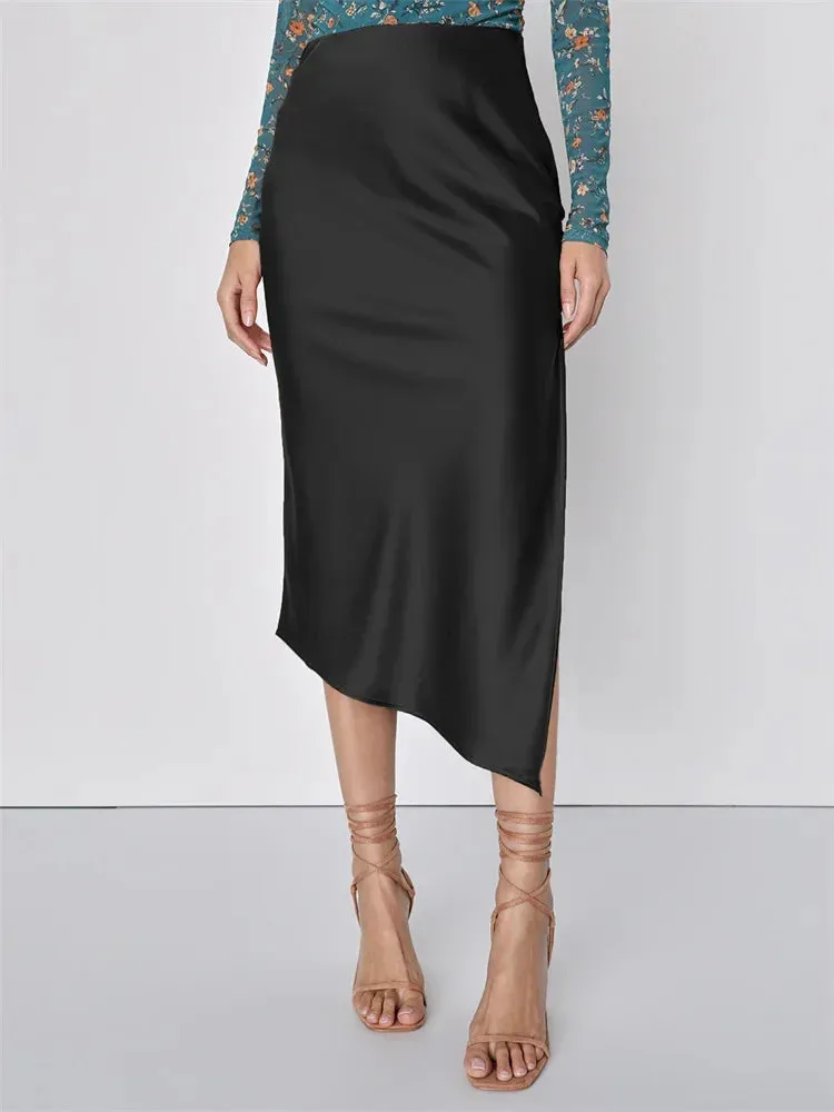 Satin High-Waist Slim Side-Split Patchwork Skirt Bottomt