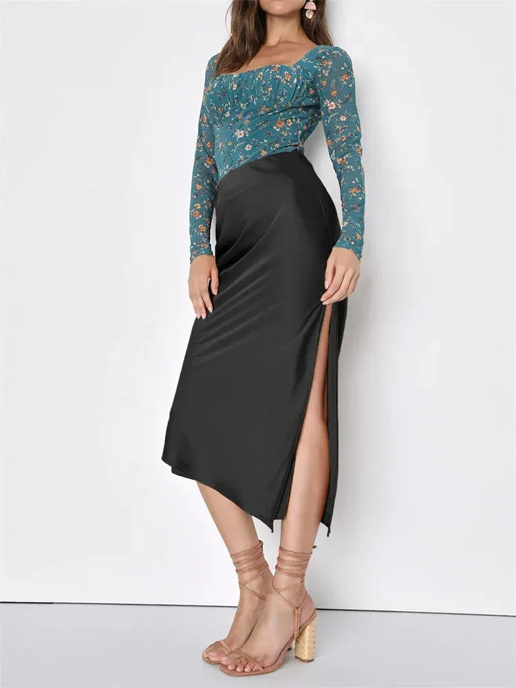 Satin High-Waist Slim Side-Split Patchwork Skirt Bottomt