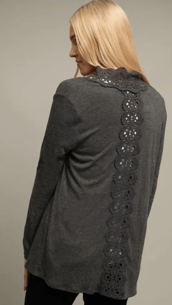 Scalloped Lace Insert Open Front Cardigan 108-1