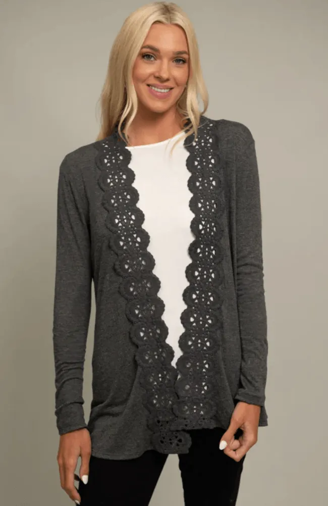 Scalloped Lace Insert Open Front Cardigan 108-1