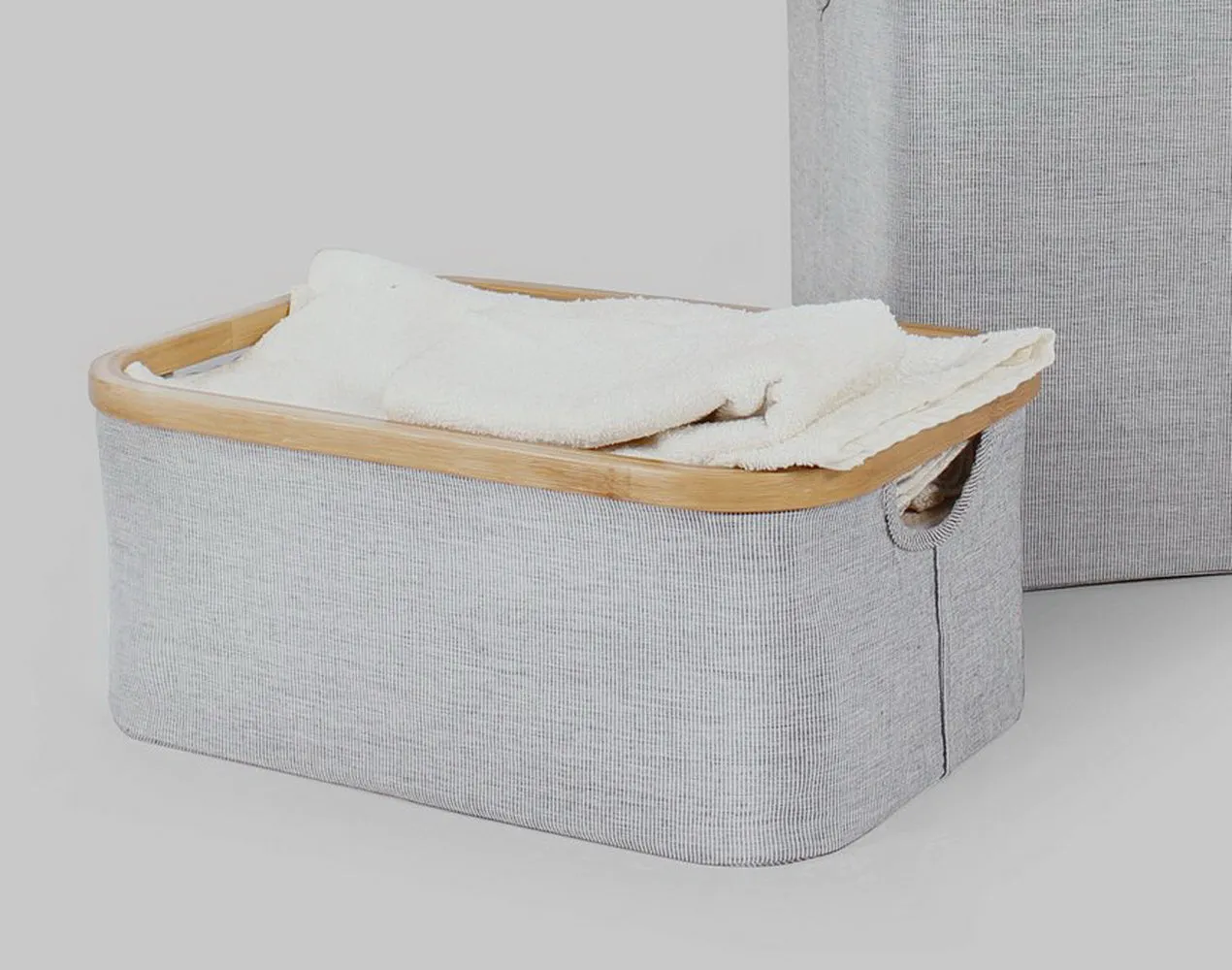 Set Of 2 Bamboo Rim Storage Baskets, Natural/Grey