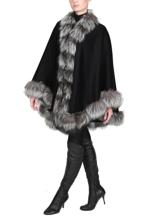 SHALI- Fox Fur-Trim Cashmere Cape