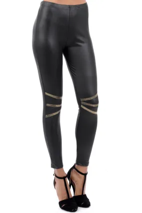 Shiny Black Leggings With Gold Detail