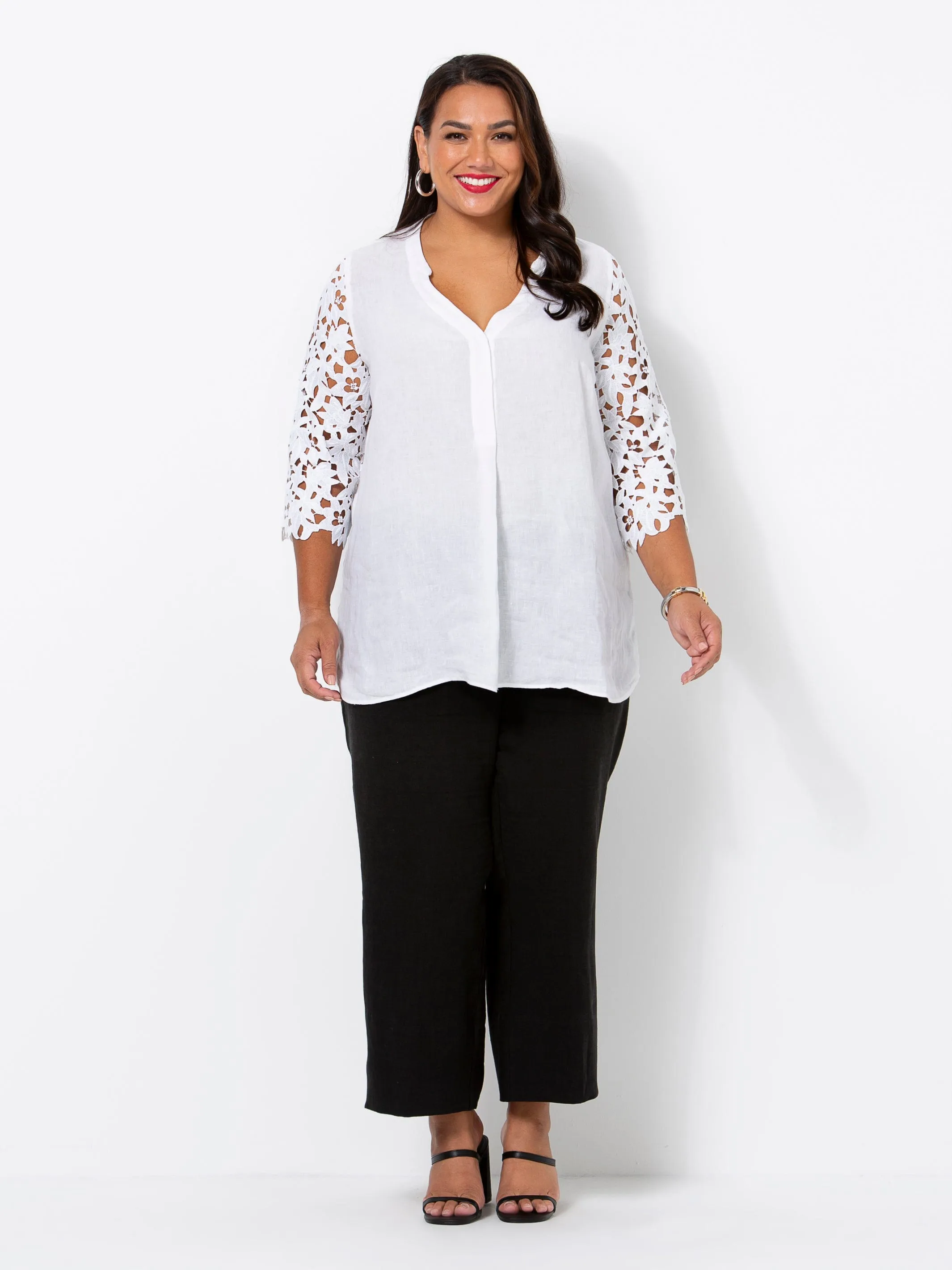 Sicily White Lace and Linen Top