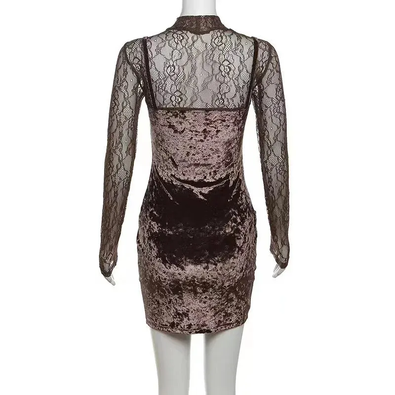 Sleeve Lace Spring See Patchwork Hollow Velvet Long 2024 Diamond Through Dress