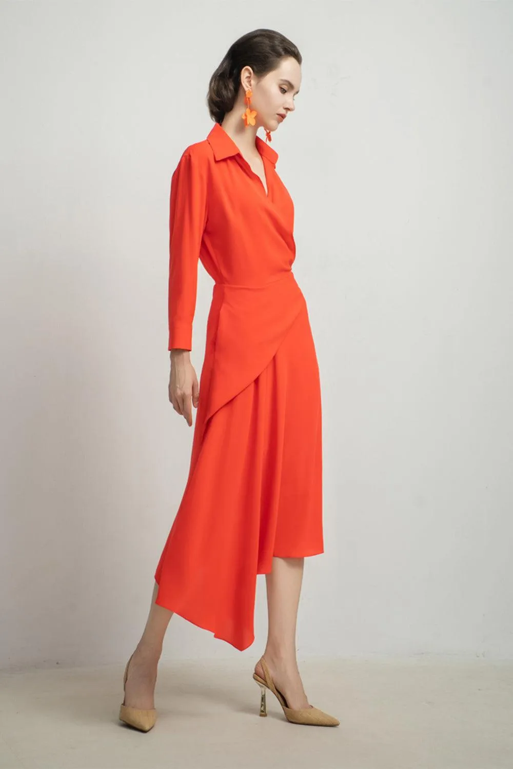 Sloane Asymmetric Side Pleated Silk Midi Dress