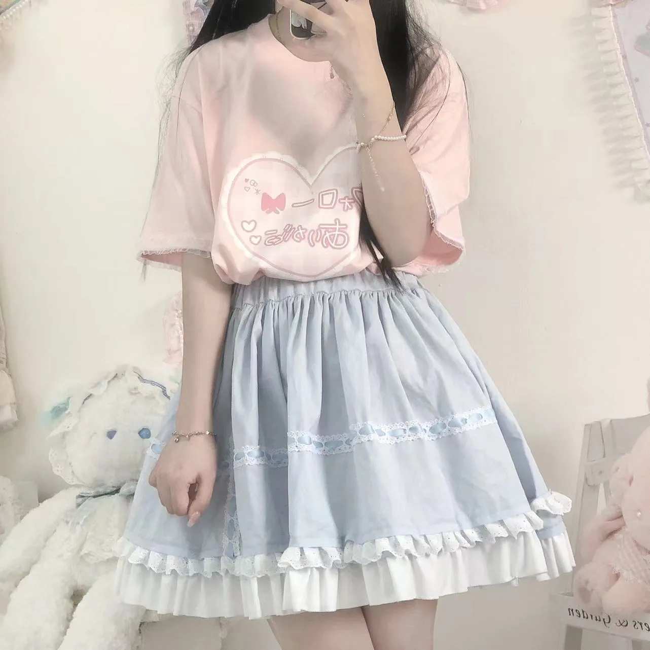 Soft Kawaii Lolita Baby Pink Black Blue White Cream Ruffled Edge Layered Skirt