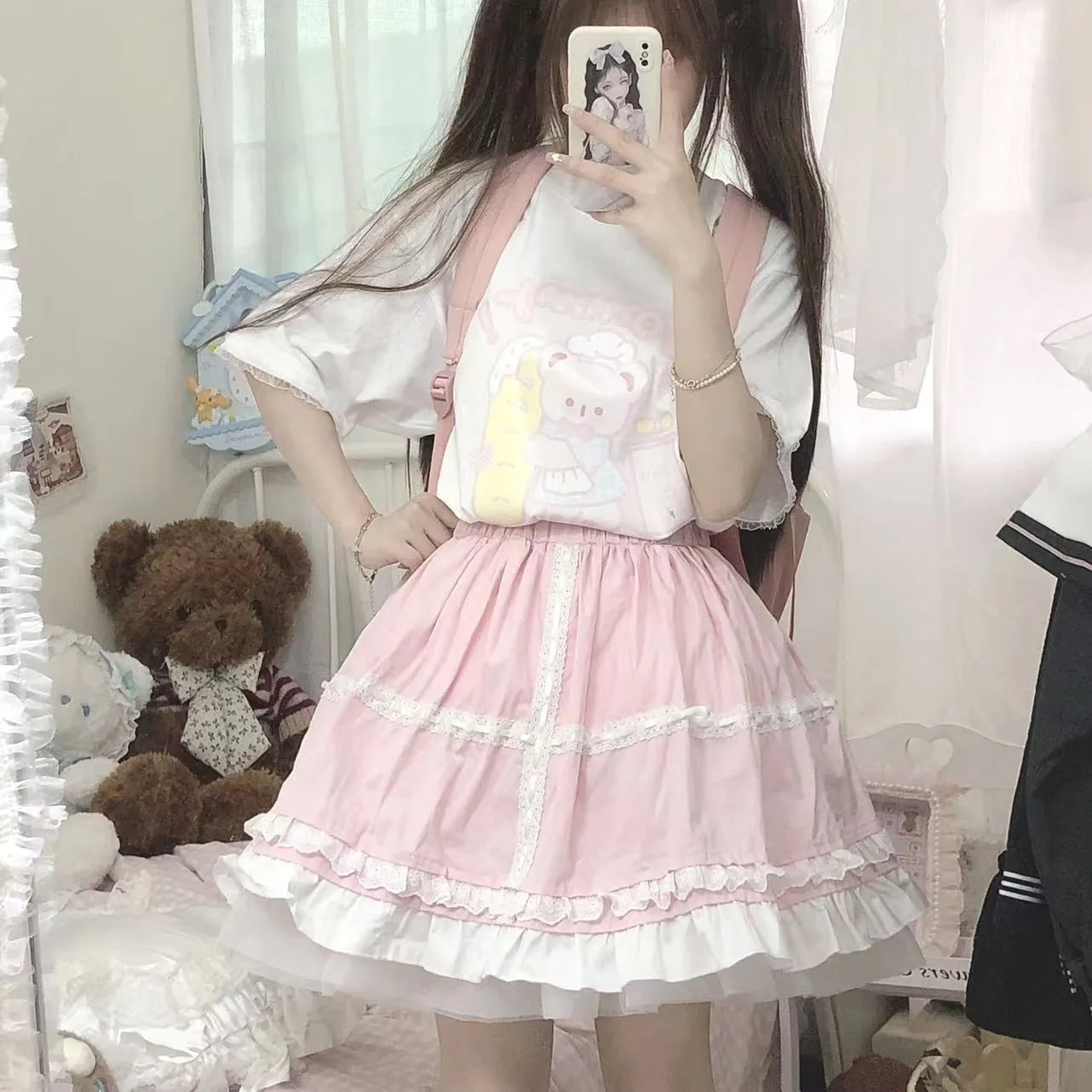 Soft Kawaii Lolita Baby Pink Black Blue White Cream Ruffled Edge Layered Skirt