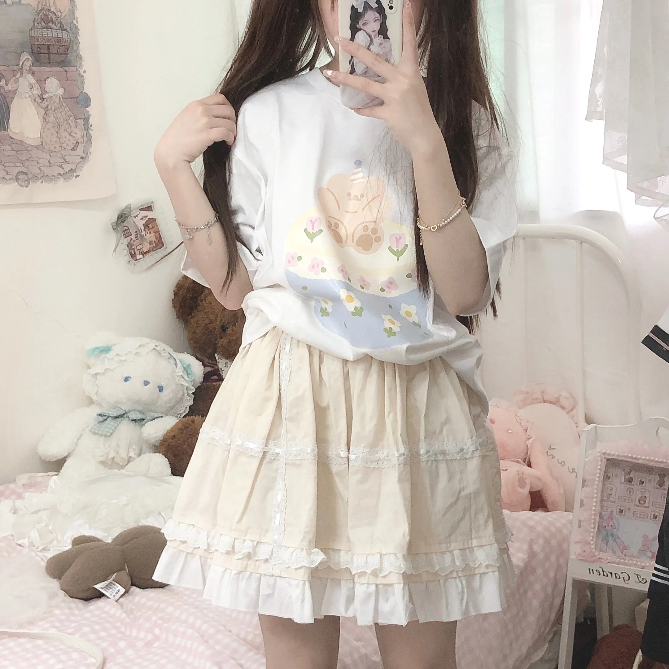 Soft Kawaii Lolita Baby Pink Black Blue White Cream Ruffled Edge Layered Skirt