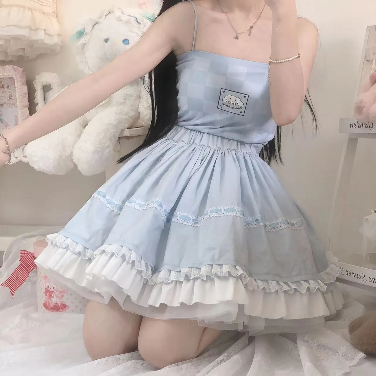 Soft Kawaii Lolita Baby Pink Black Blue White Cream Ruffled Edge Layered Skirt