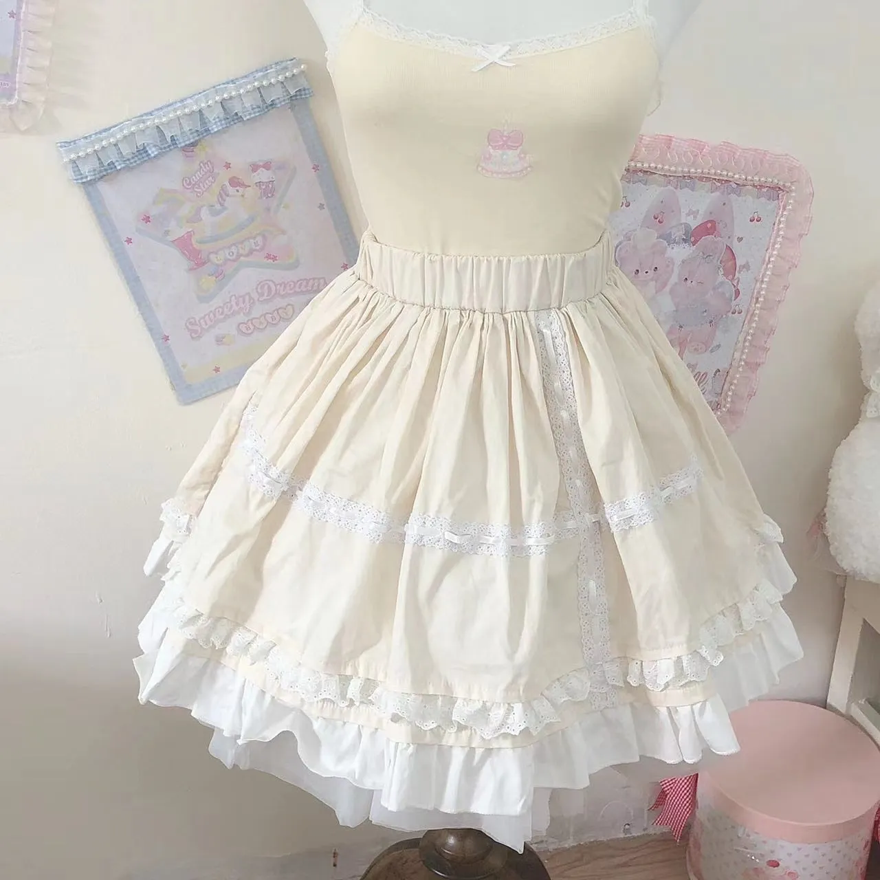 Soft Kawaii Lolita Baby Pink Black Blue White Cream Ruffled Edge Layered Skirt