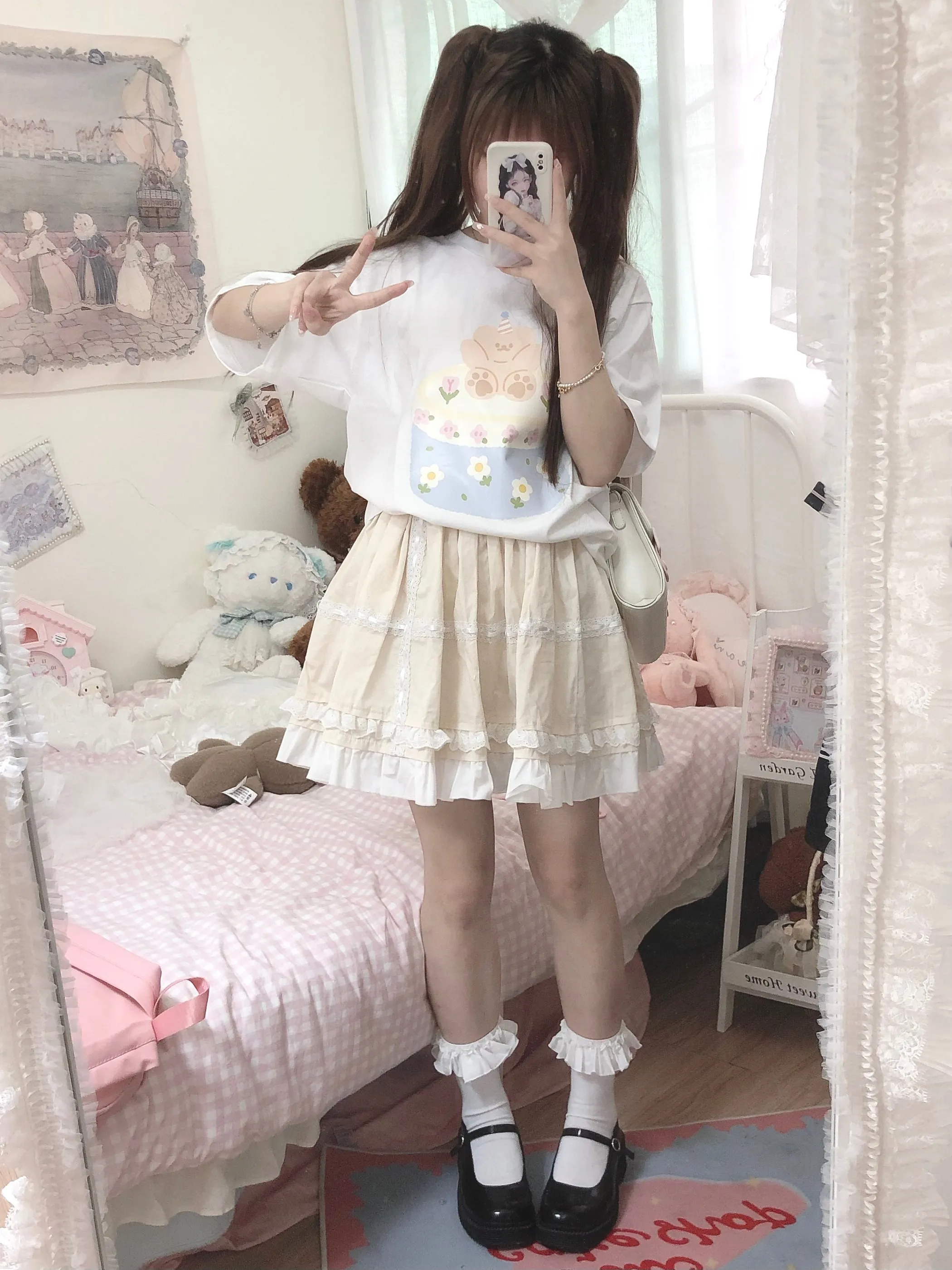 Soft Kawaii Lolita Baby Pink Black Blue White Cream Ruffled Edge Layered Skirt