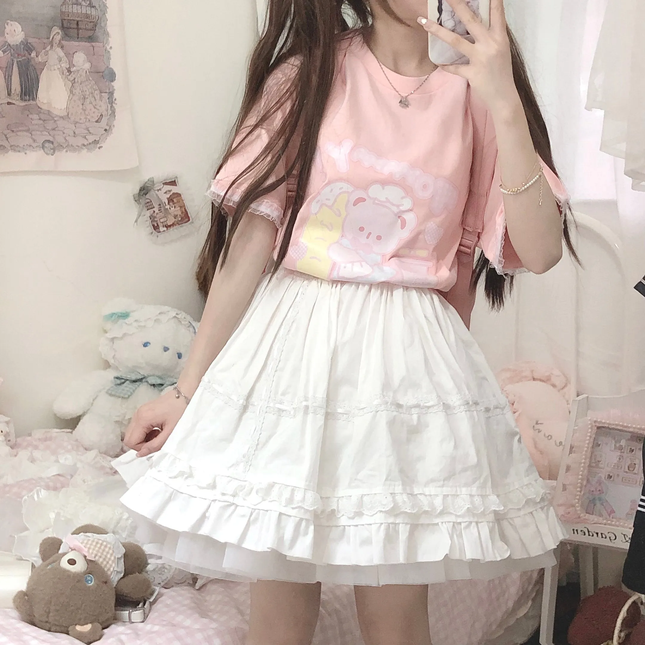 Soft Kawaii Lolita Baby Pink Black Blue White Cream Ruffled Edge Layered Skirt