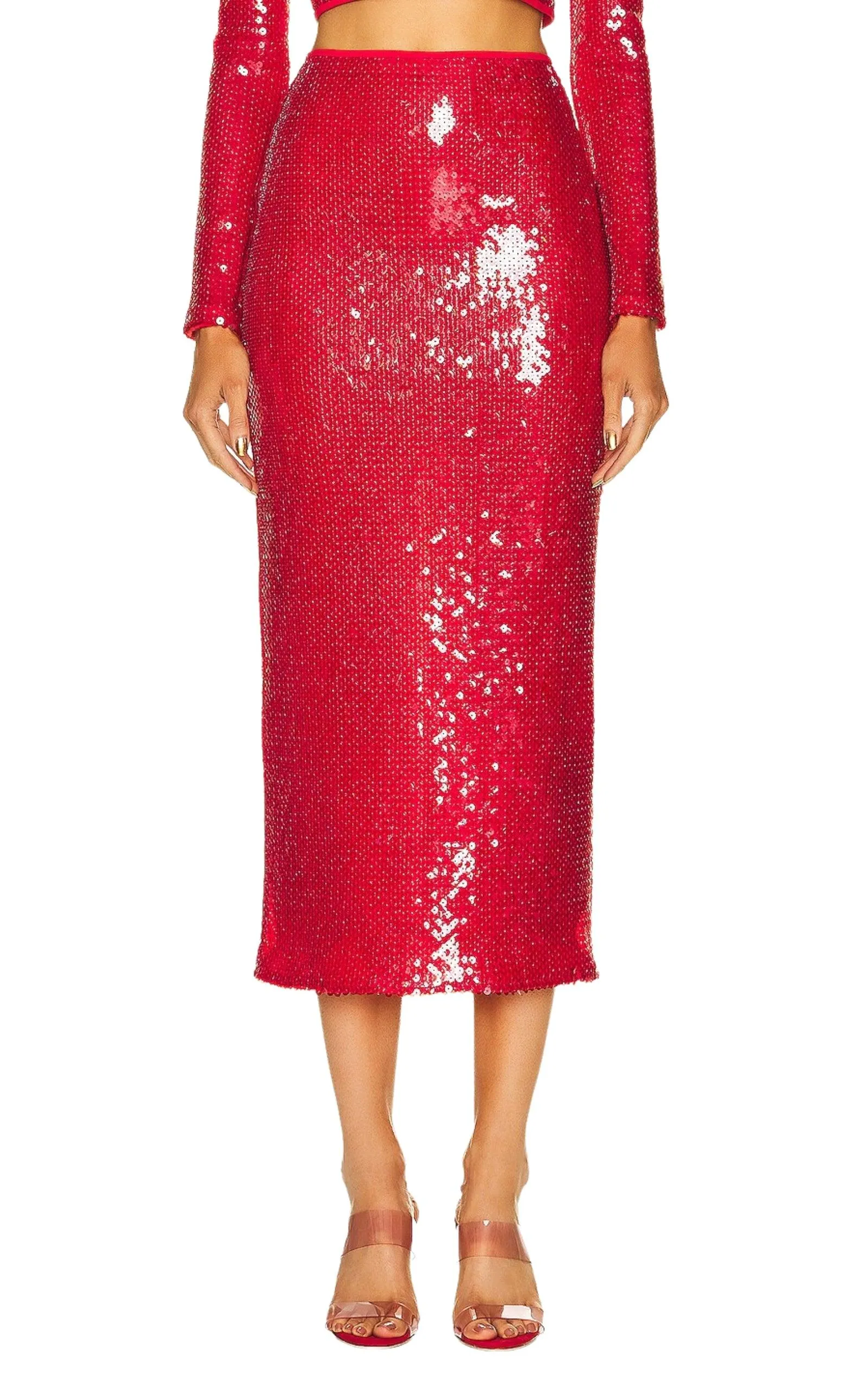 Sparkly Sequinned Red Midi Skirt