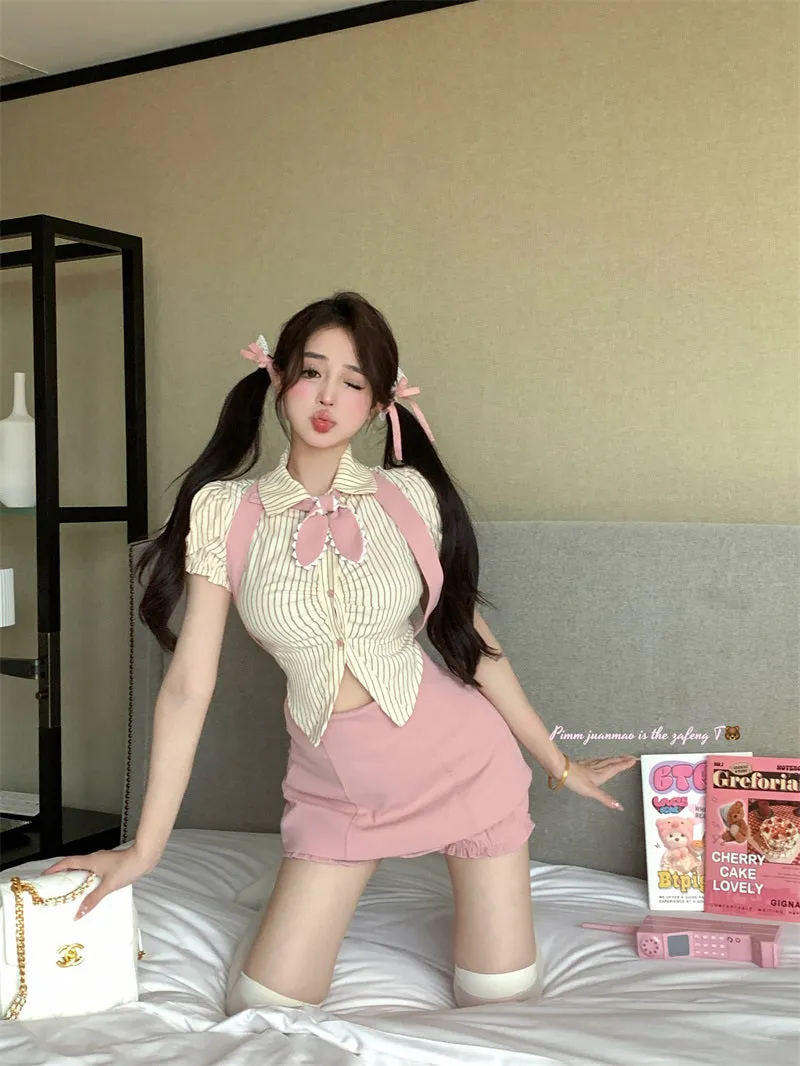 Striped short-sleeved shirt top   high-waist pink suspender skirt PL53424