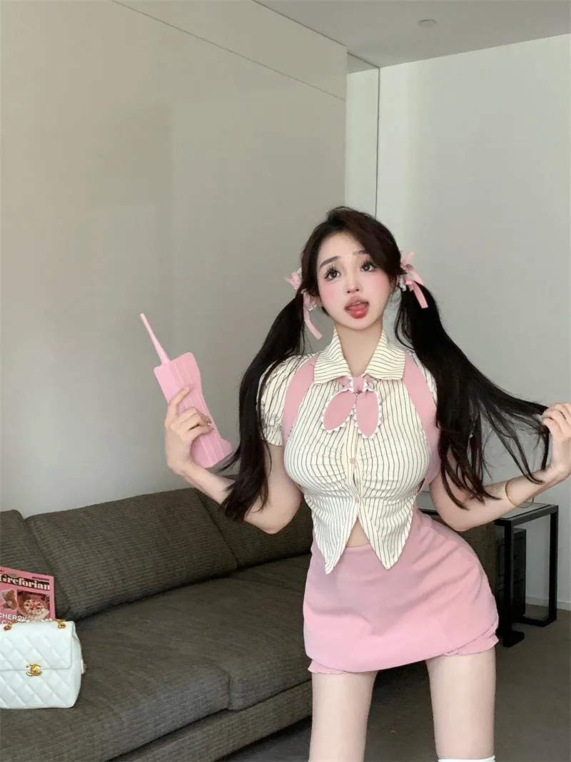 Striped short-sleeved shirt top   high-waist pink suspender skirt PL53424