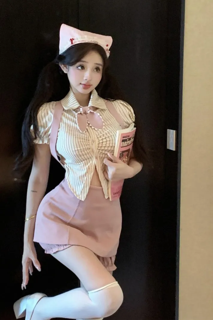 Striped short-sleeved shirt top   high-waist pink suspender skirt PL53424