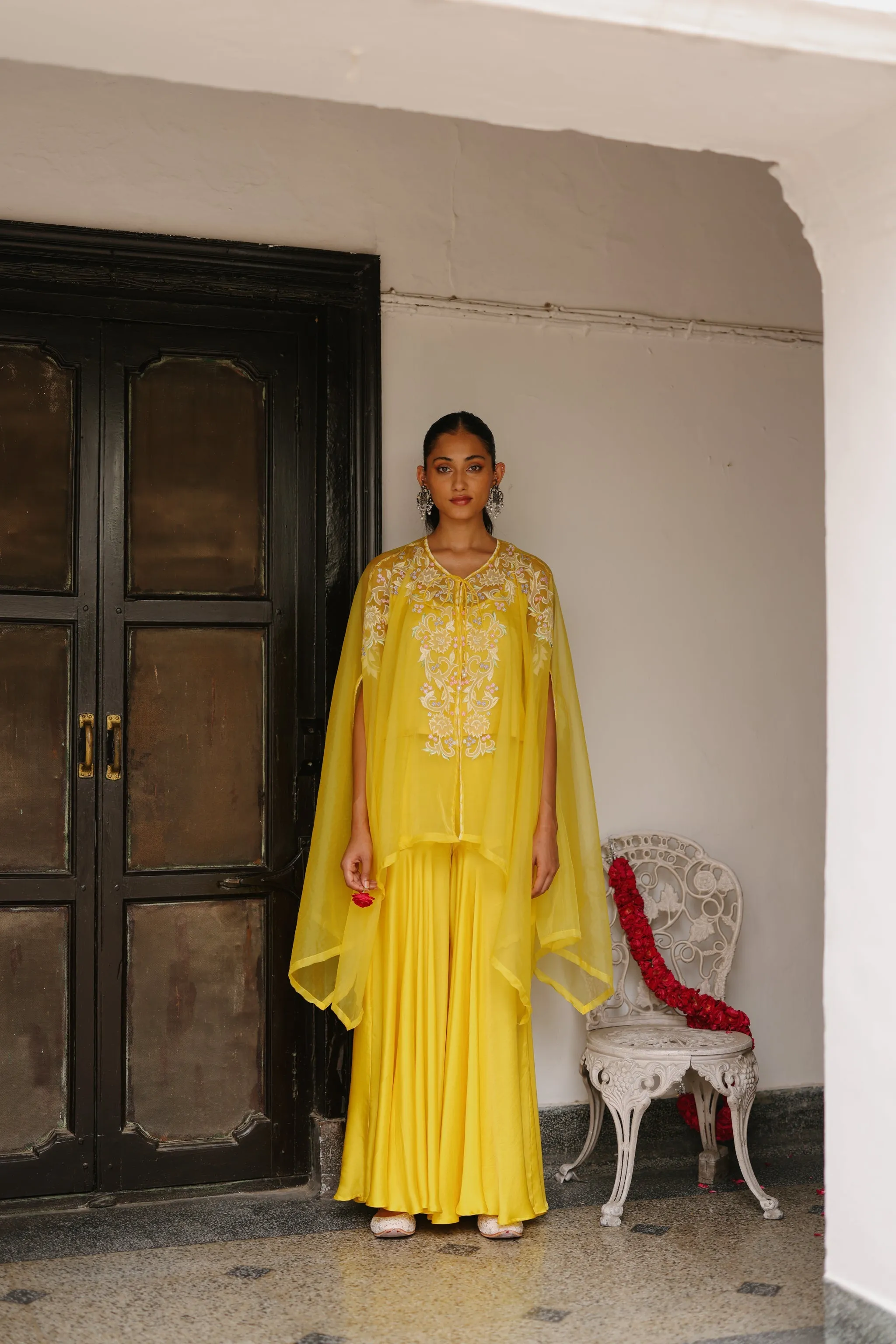 Sunshine Yellow Organza Embroidered Cape Set with Sharara