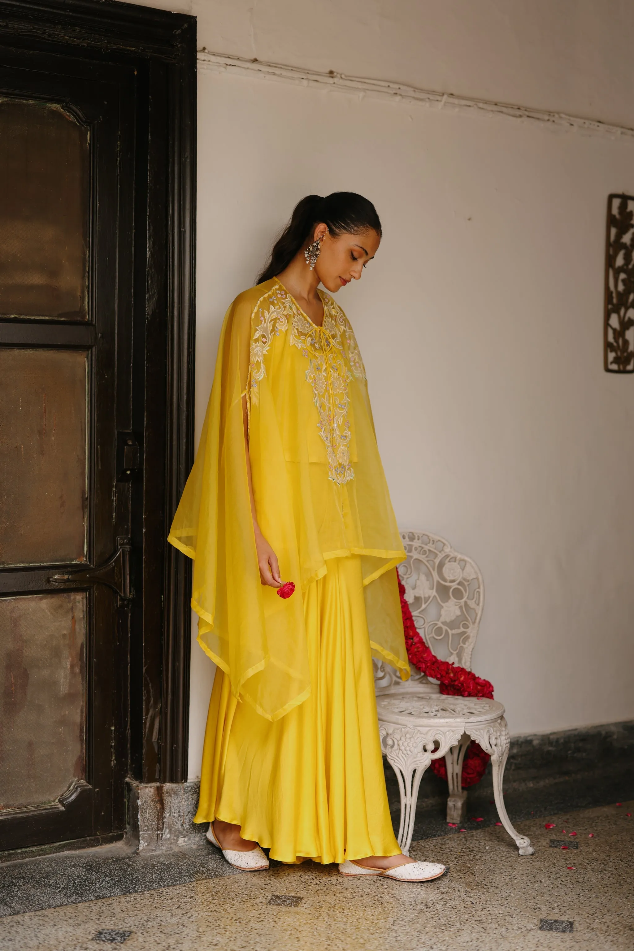 Sunshine Yellow Organza Embroidered Cape Set with Sharara