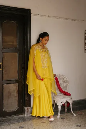 Sunshine Yellow Organza Embroidered Cape Set with Sharara