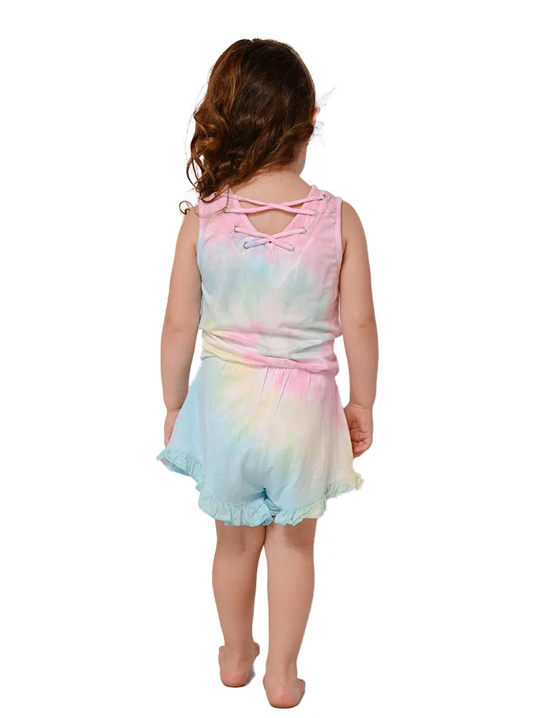 Tie-dyed romper cover up in a swirl pattern